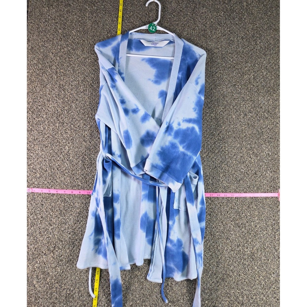 Wild Sage Robe Women OS Blue Tie Dye Waffle Knit Thermal Loungewear Wrap Pocket
